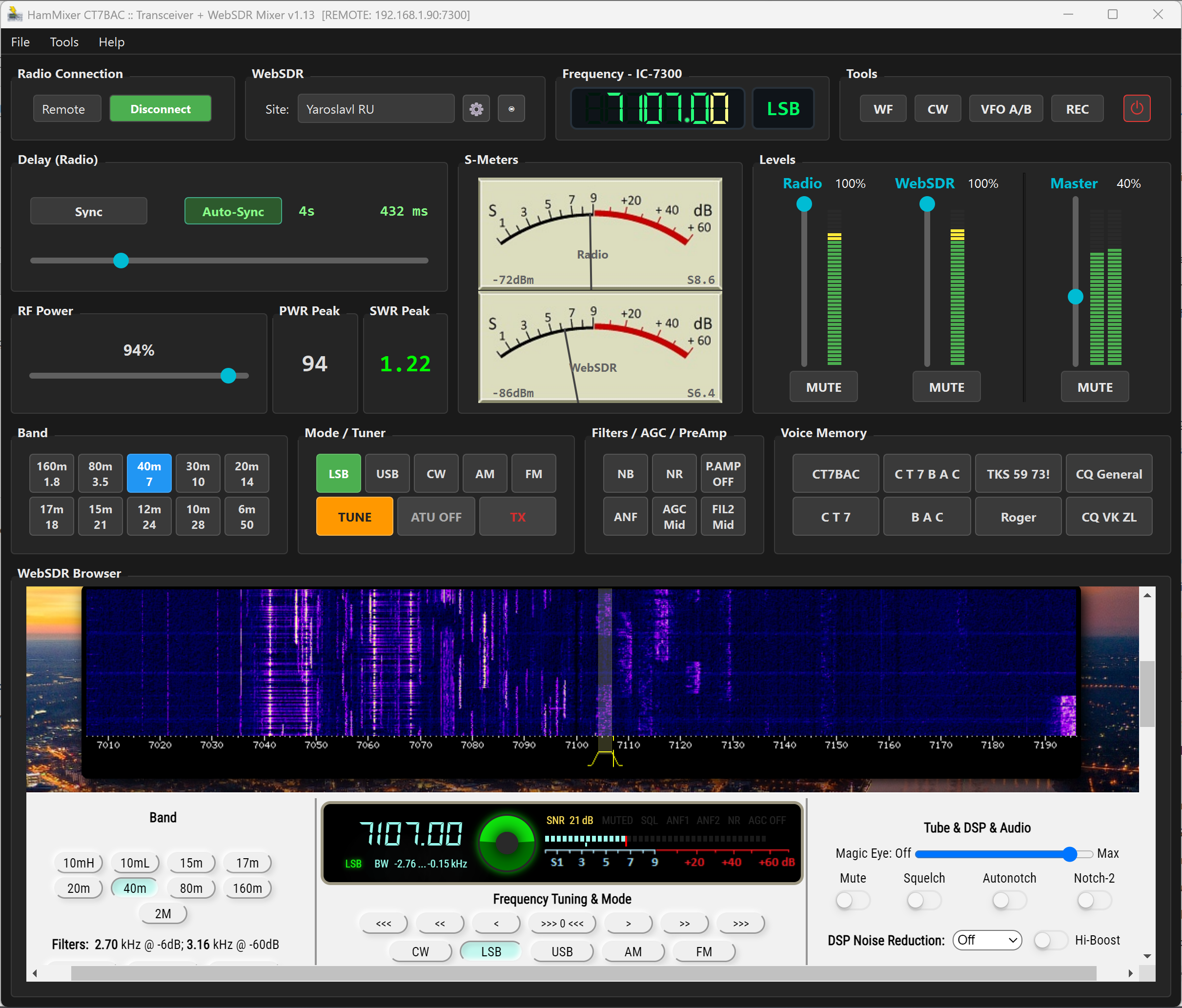 HamMixer Desktop main window showing frequency LCD, mixer controls, and WebSDR browser