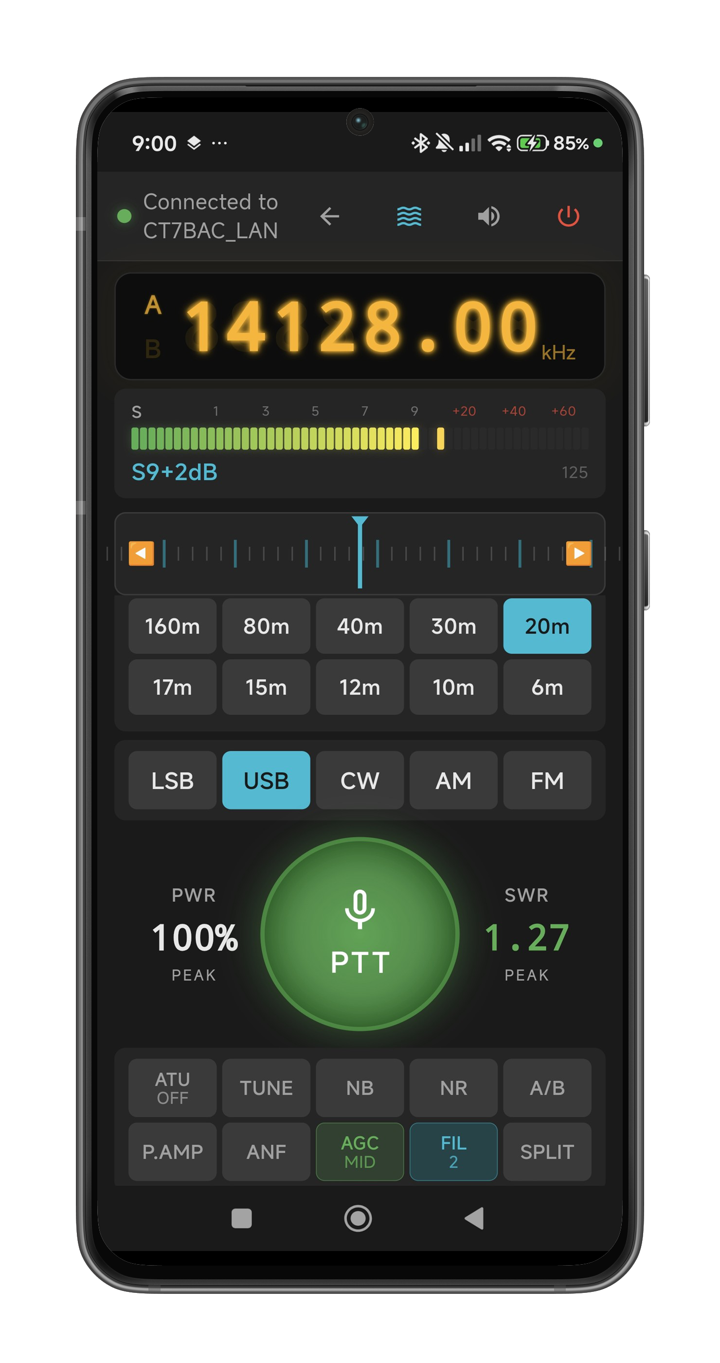 HamMixer Mobile main screen showing frequency LCD, S-meter, tuning wheel, band grid, mode row, PTT button, and DSP controls