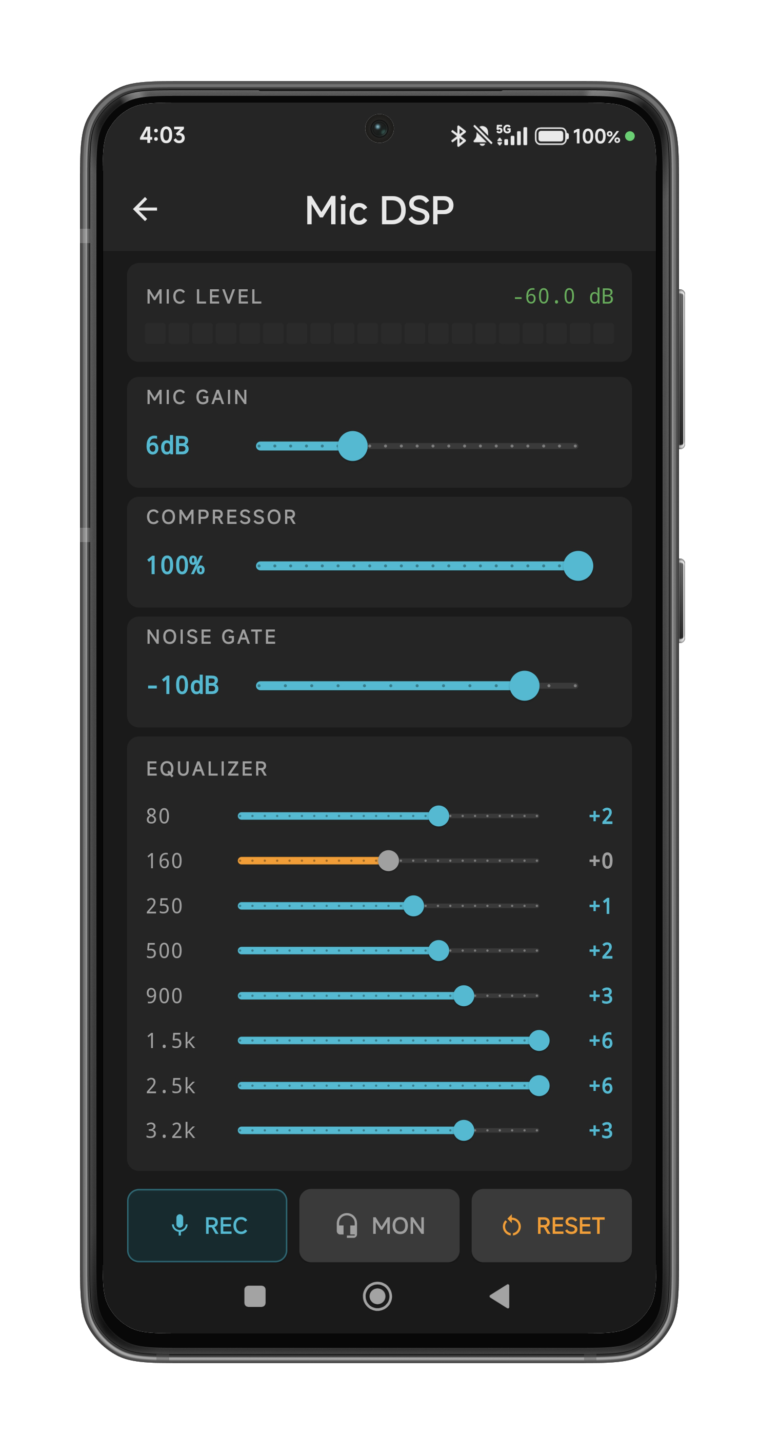 Mic DSP screen showing LED level meter, gain/compressor/noise gate sliders, and equalizer bands
