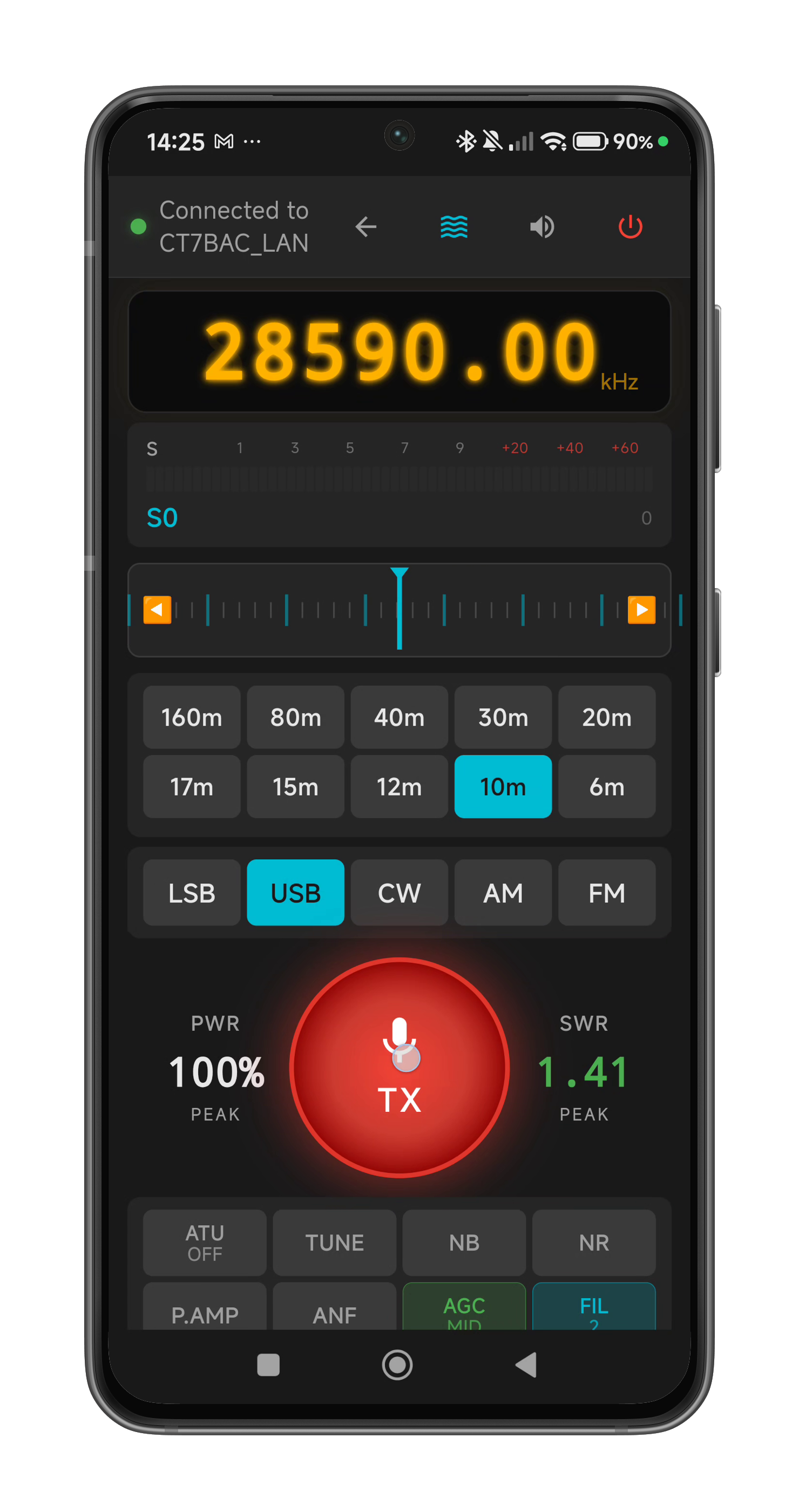 Main screen during transmission showing red PTT button with glow, PWR peak percentage, and SWR ratio