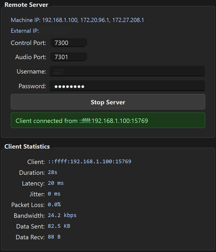 Client Statistics panel showing latency, jitter, packet loss, bandwidth, and data transfer values