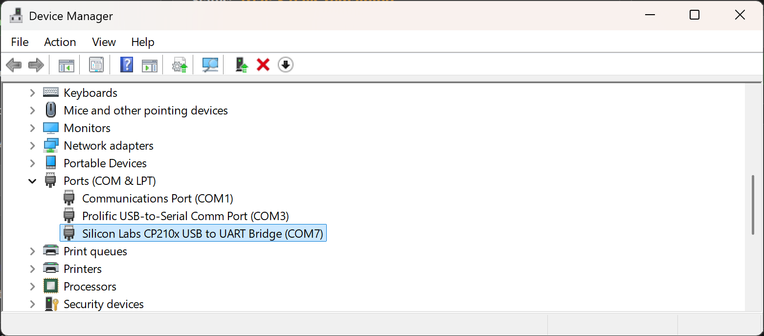Windows Device Manager showing Ports section with USB serial device on COM7